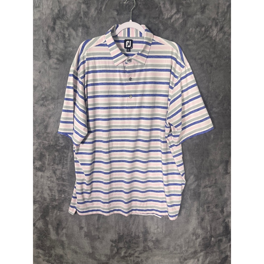 FootJoy Mens 2XL Golf Polo Shirt Striped Blue Pink Grey Short Sleeve Performance